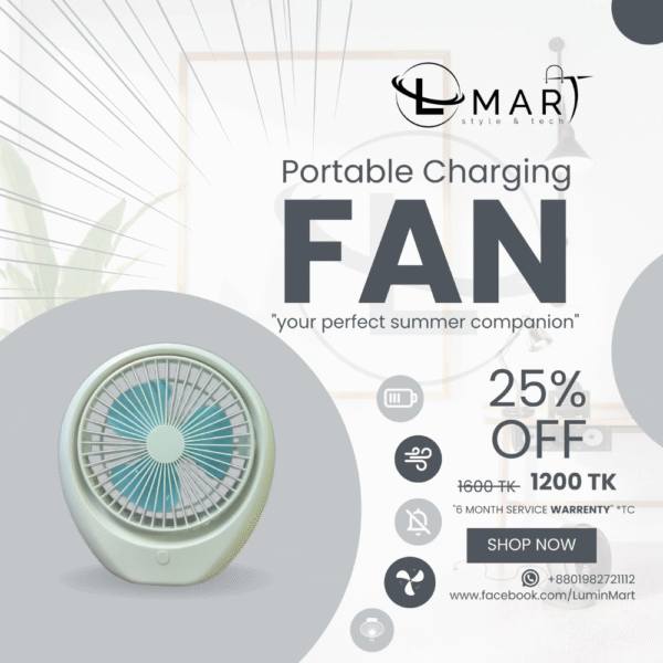 Premium Rechargeable Portable Fan – 3 Speed & 1 Year Service Warranty - Image 3